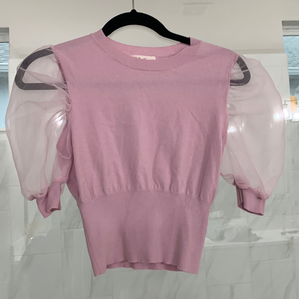 Lavender top with see through puffy sleeve